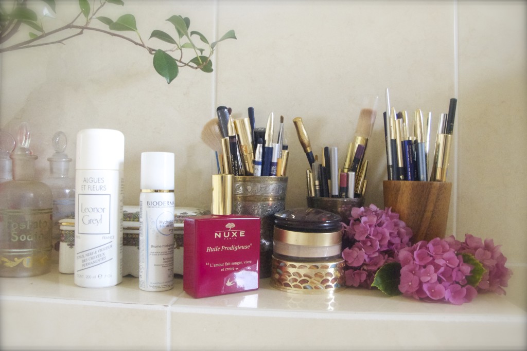 French beauty products displayed in a french bathroom